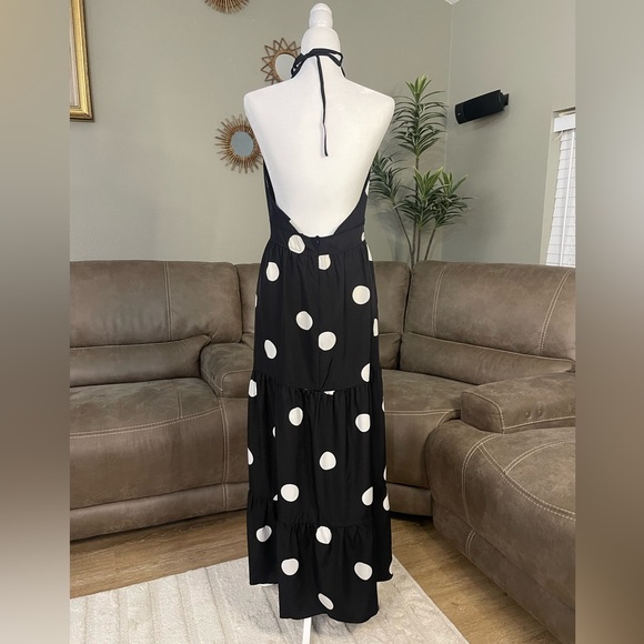 SEXY New Black & White Polka Dot Halter Maxi Dress Sz L Large - Picture 6 of 10